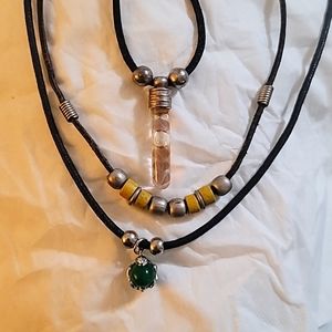 3 Rope Necklaces. Silver Tone Turtle holding Jade Stone, 2 other Beaded Necklace